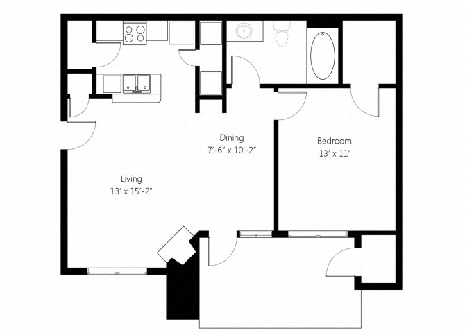 Floor plan for 1 bed, 1 bath, 685 sqft